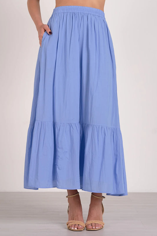 BLUE MIDI TIERED SKIRT