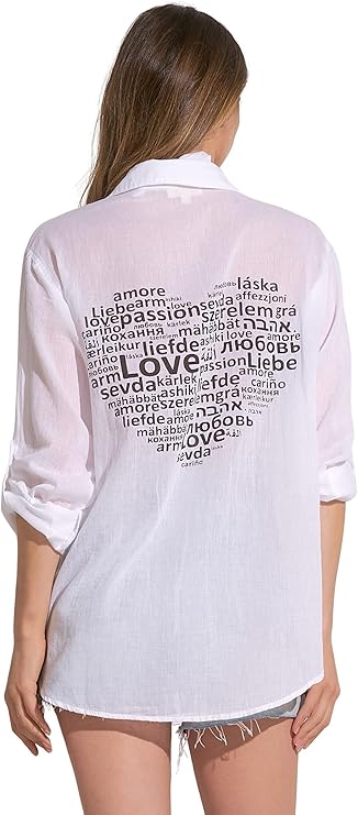 WHITE BUTTON DOWN LOVE HEART TOP