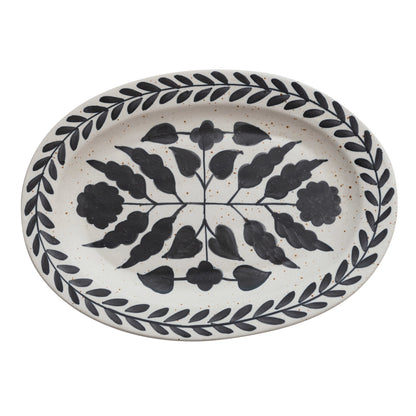 Hand-Painted Stoneware Platter w/ Floral Design
