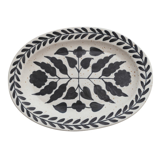 Hand-Painted Stoneware Platter w/ Floral Design