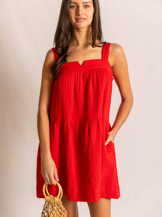 COTTON GAUZE MINI DRESS - RED