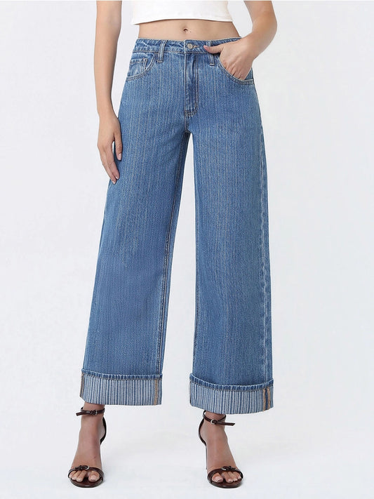 HIGH RISE JAQUARD STRIPE WIDE LEG W/CUFF