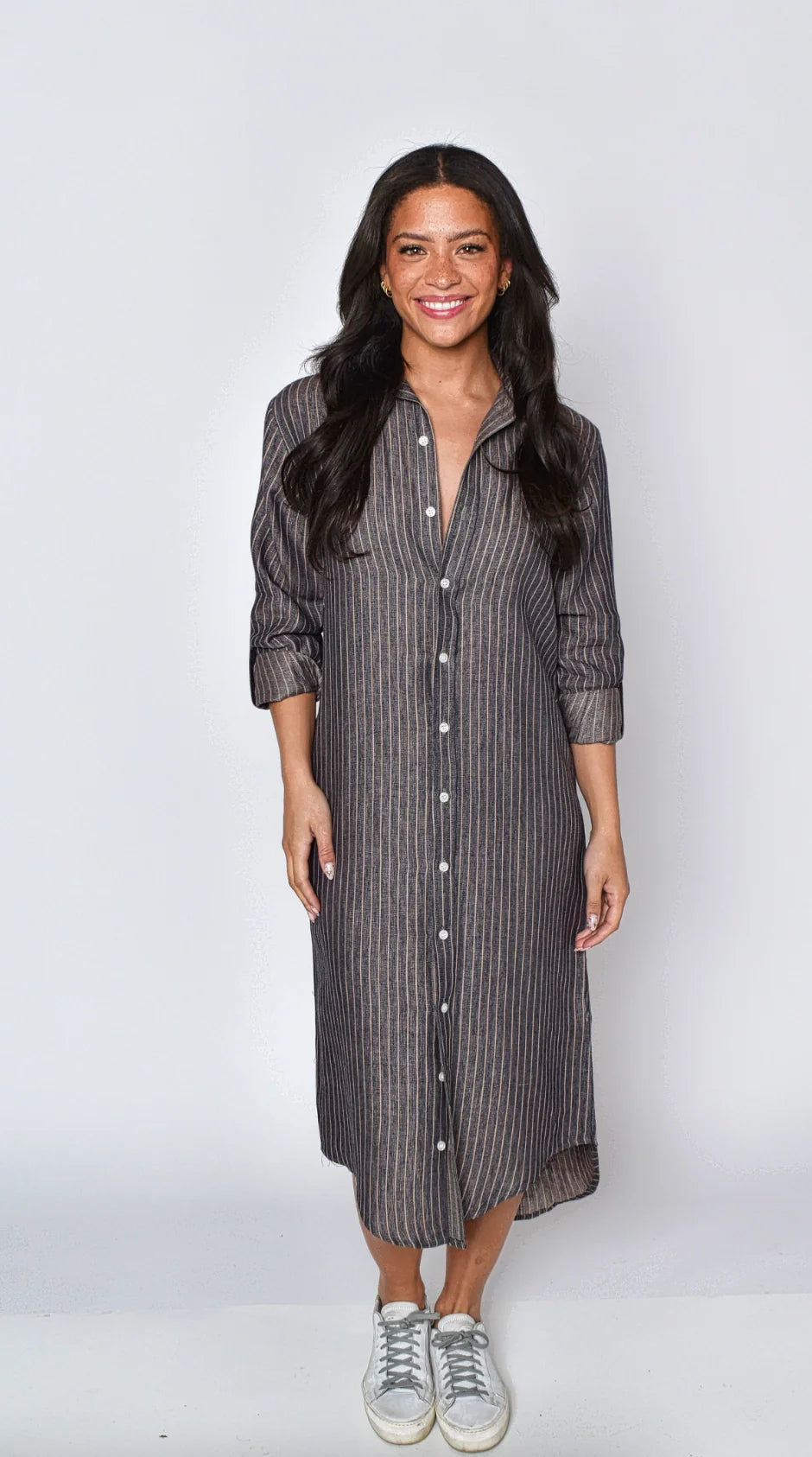 Linen Denim/Khaki Stripe Girlfriend Midi Dress
