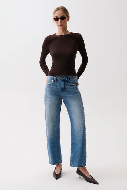 Lexi Mid Rise Bowed Straight Jeans - Star Studded