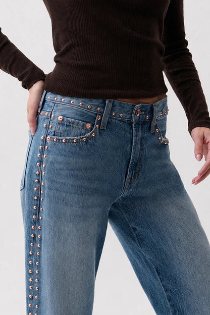 Lexi Mid Rise Bowed Straight Jeans - Star Studded