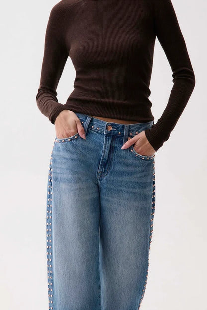 Lexi Mid Rise Bowed Straight Jeans - Star Studded