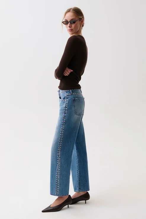 Lexi Mid Rise Bowed Straight Jeans - Star Studded