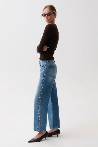 Lexi Mid Rise Bowed Straight Jeans - Star Studded