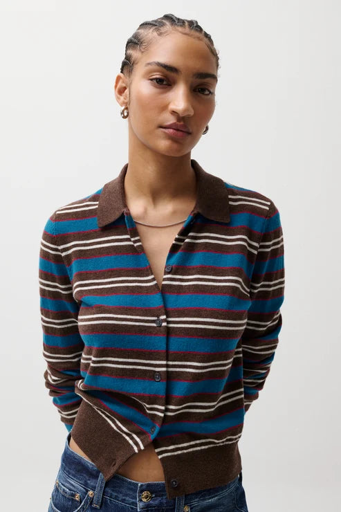 Lyvia Long Sleeve Merino Polo Cardigan - Tealwood Strip