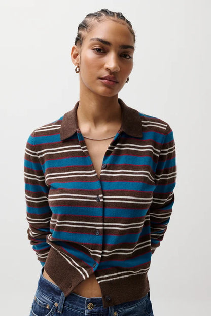 Lyvia Long Sleeve Merino Polo Cardigan - Tealwood Strip