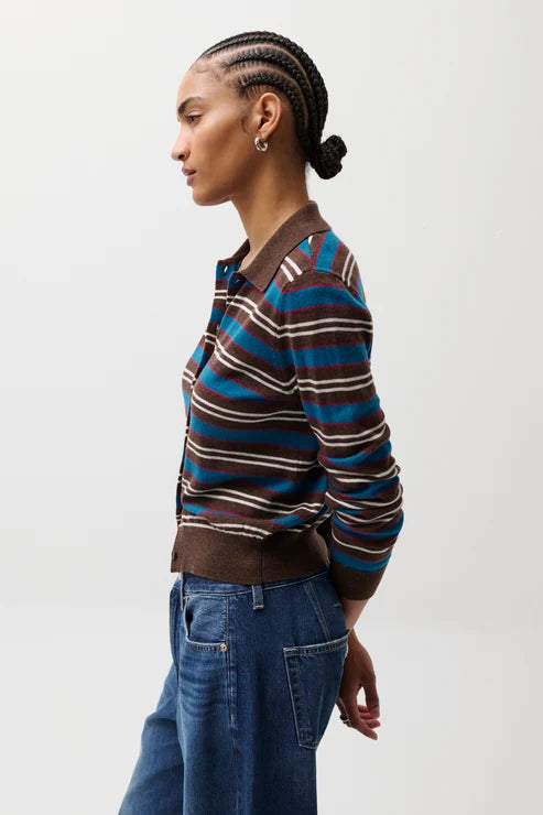 Lyvia Long Sleeve Merino Polo Cardigan - Tealwood Strip