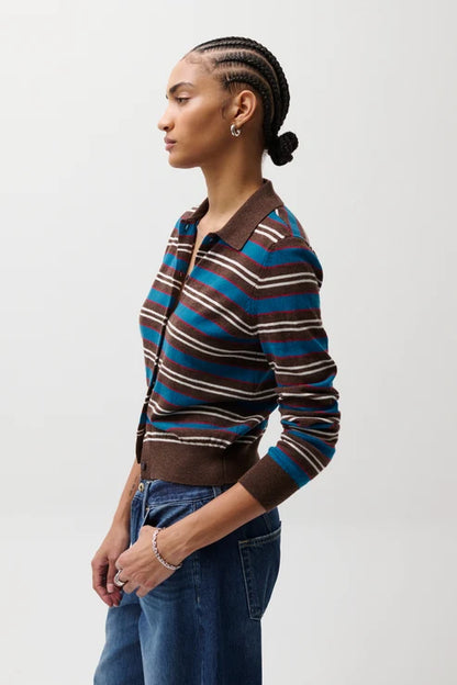 Lyvia Long Sleeve Merino Polo Cardigan - Tealwood Strip