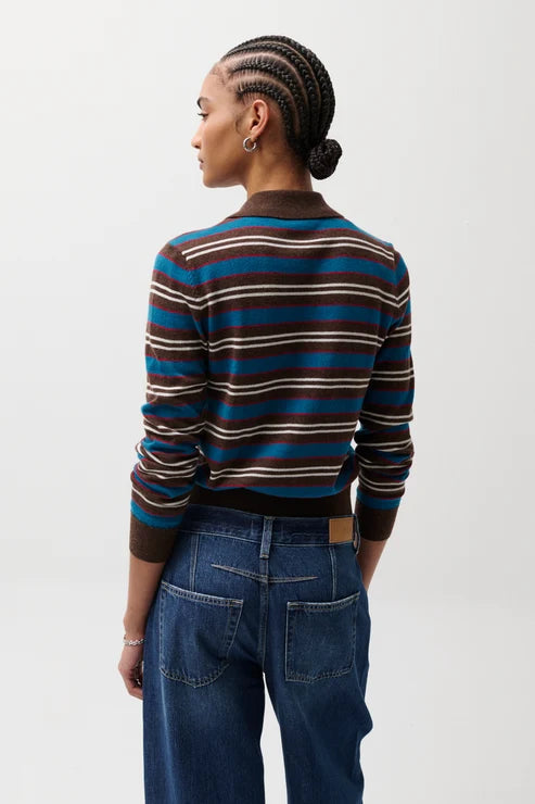 Lyvia Long Sleeve Merino Polo Cardigan - Tealwood Strip