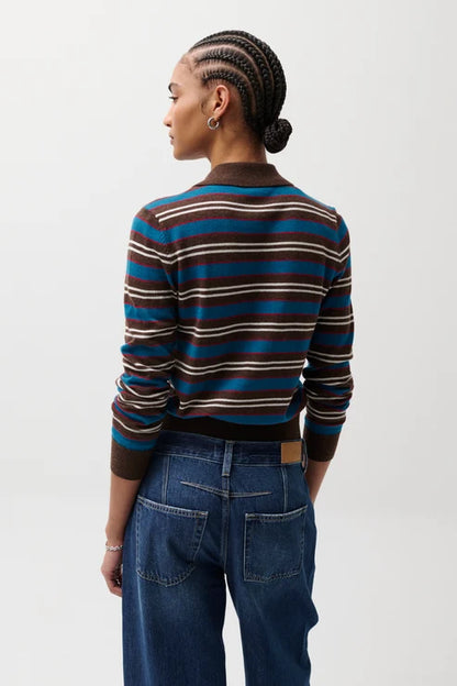 Lyvia Long Sleeve Merino Polo Cardigan - Tealwood Strip