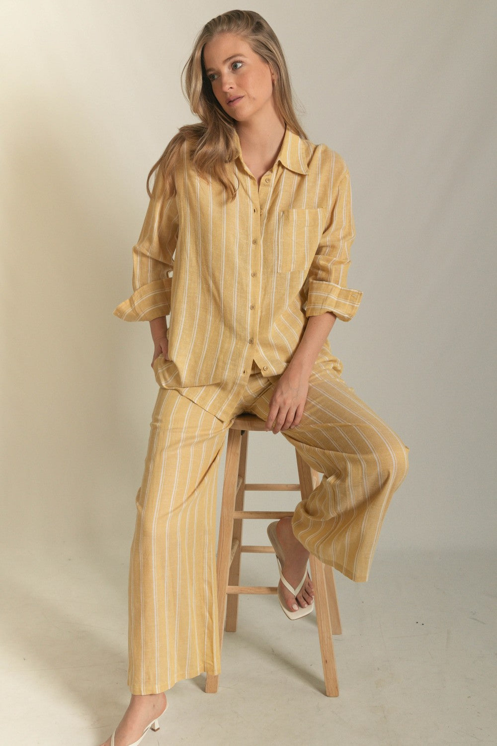 Stripe Print Linen Drawstring Wide Leg Pants