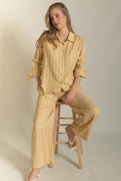 Stripe Print Linen Drawstring Wide Leg Pants