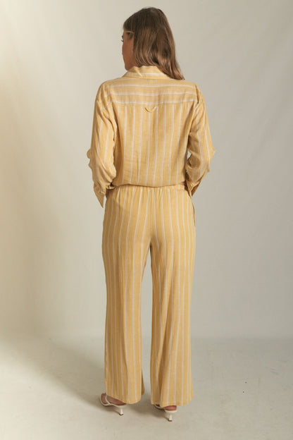 Stripe Print Linen Drawstring Wide Leg Pants