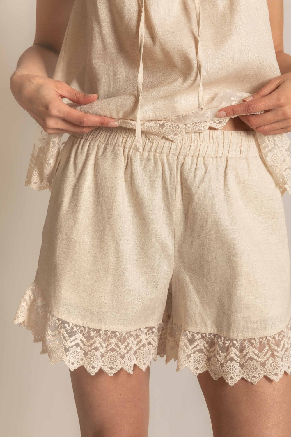 Linen Shorts with Lace Contrast