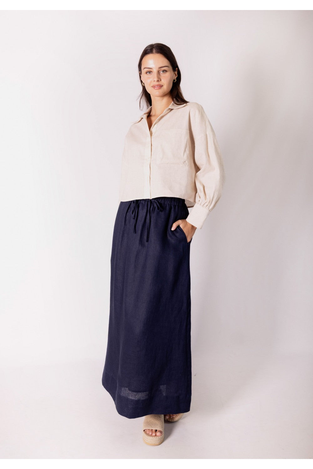 Linen Elastic Waist Band Long Skirt