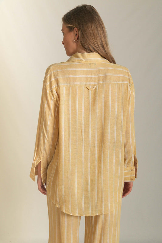 Stripe Print Linen Oversized Button Up Shirt