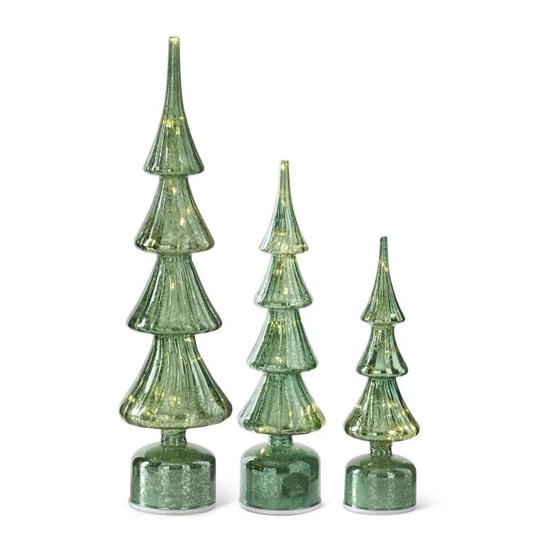 Set of 3 Rotating Ribbed Mercury Glass LED Trees w/Timers