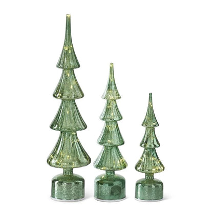 Set of 3 Rotating Ribbed Mercury Glass LED Trees w/Timers