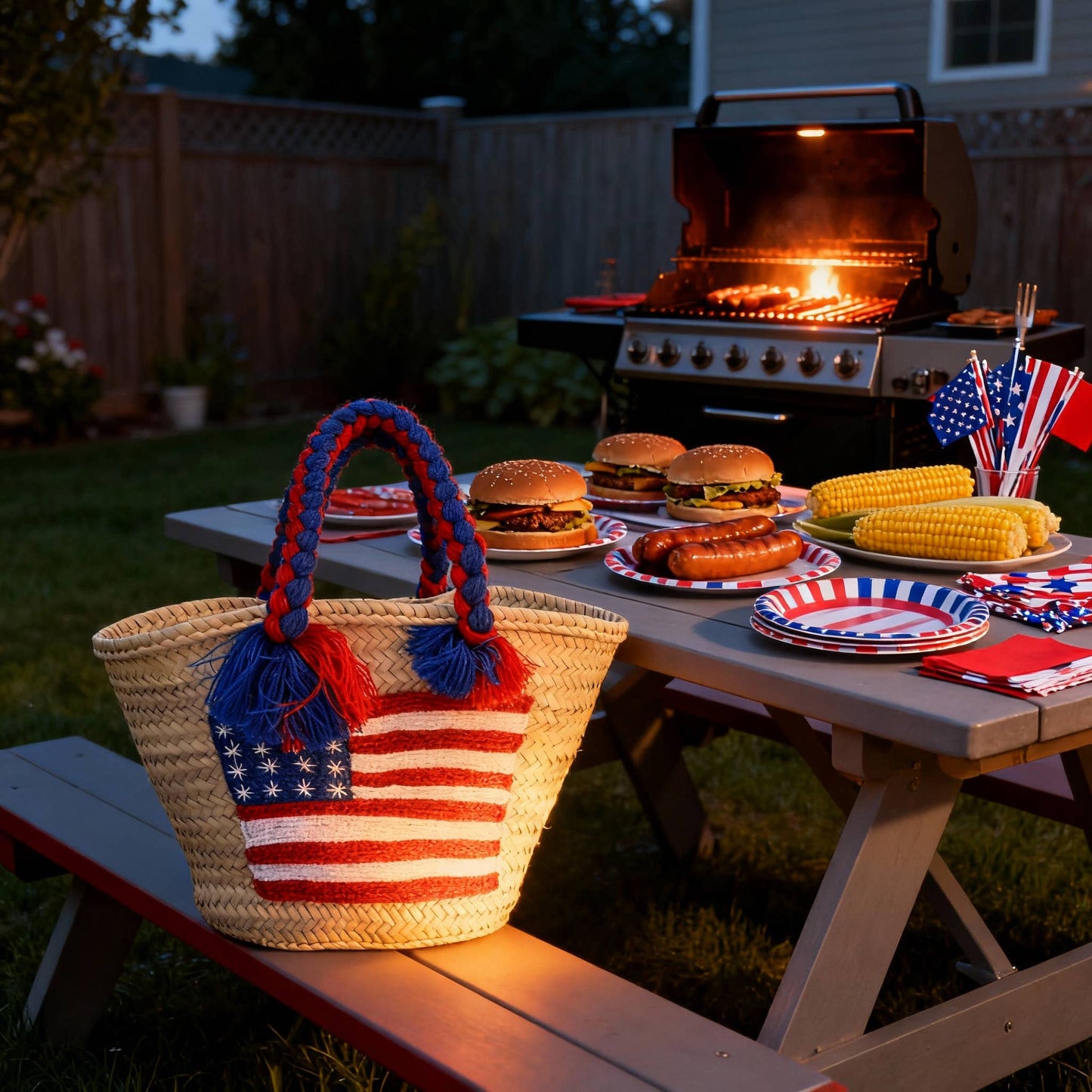 4th of July Straw Tote – Handmade USA Flag Basket