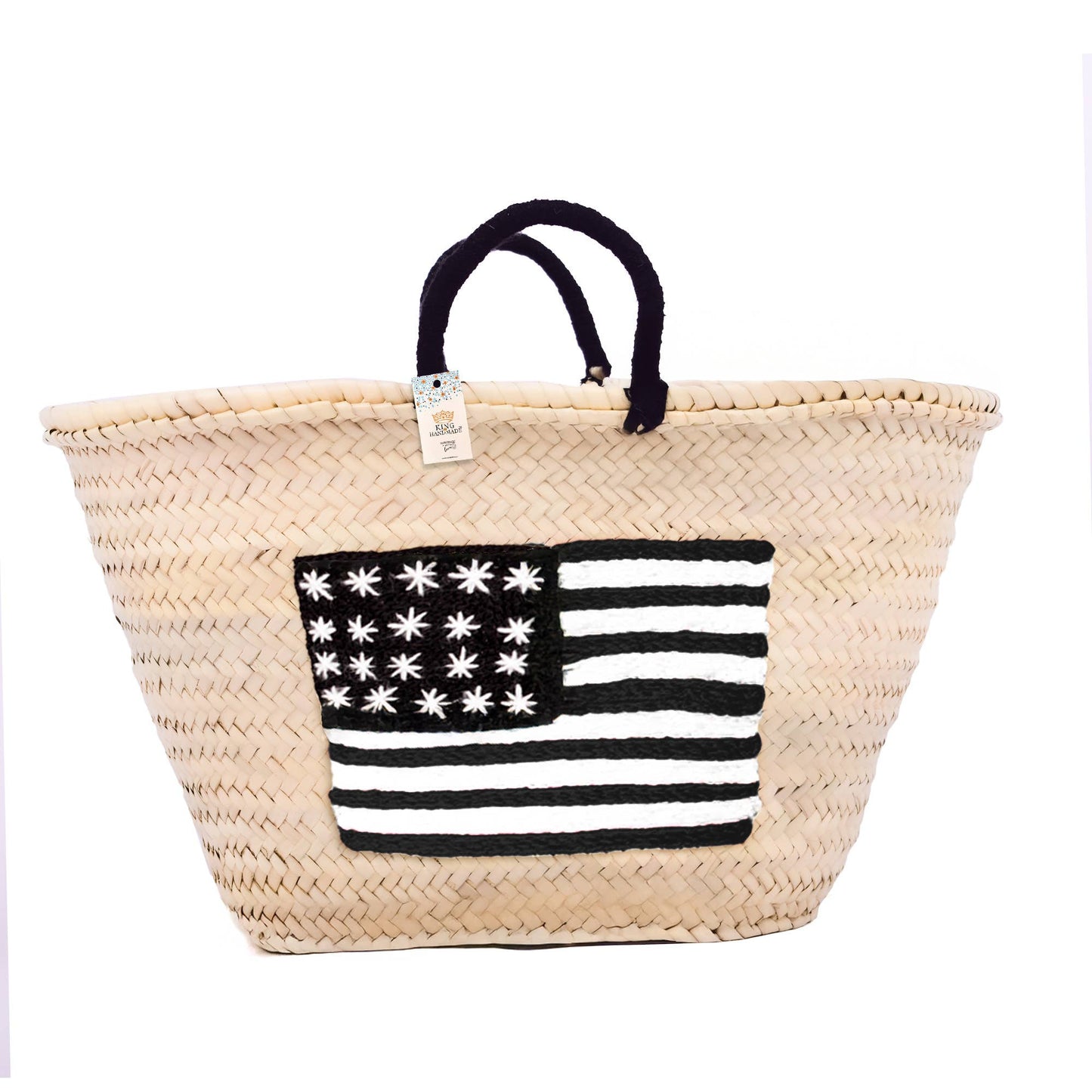 Embroidered US Flag Straw Tote - Small Handle American Bag