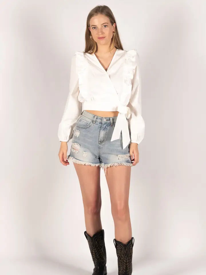 Poplin Ruffle and Front Tie Detail Long Sleeve Top