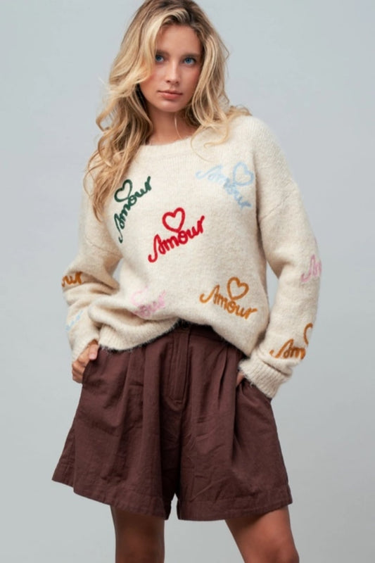 Embroidered Fuzzy Knit Sweater