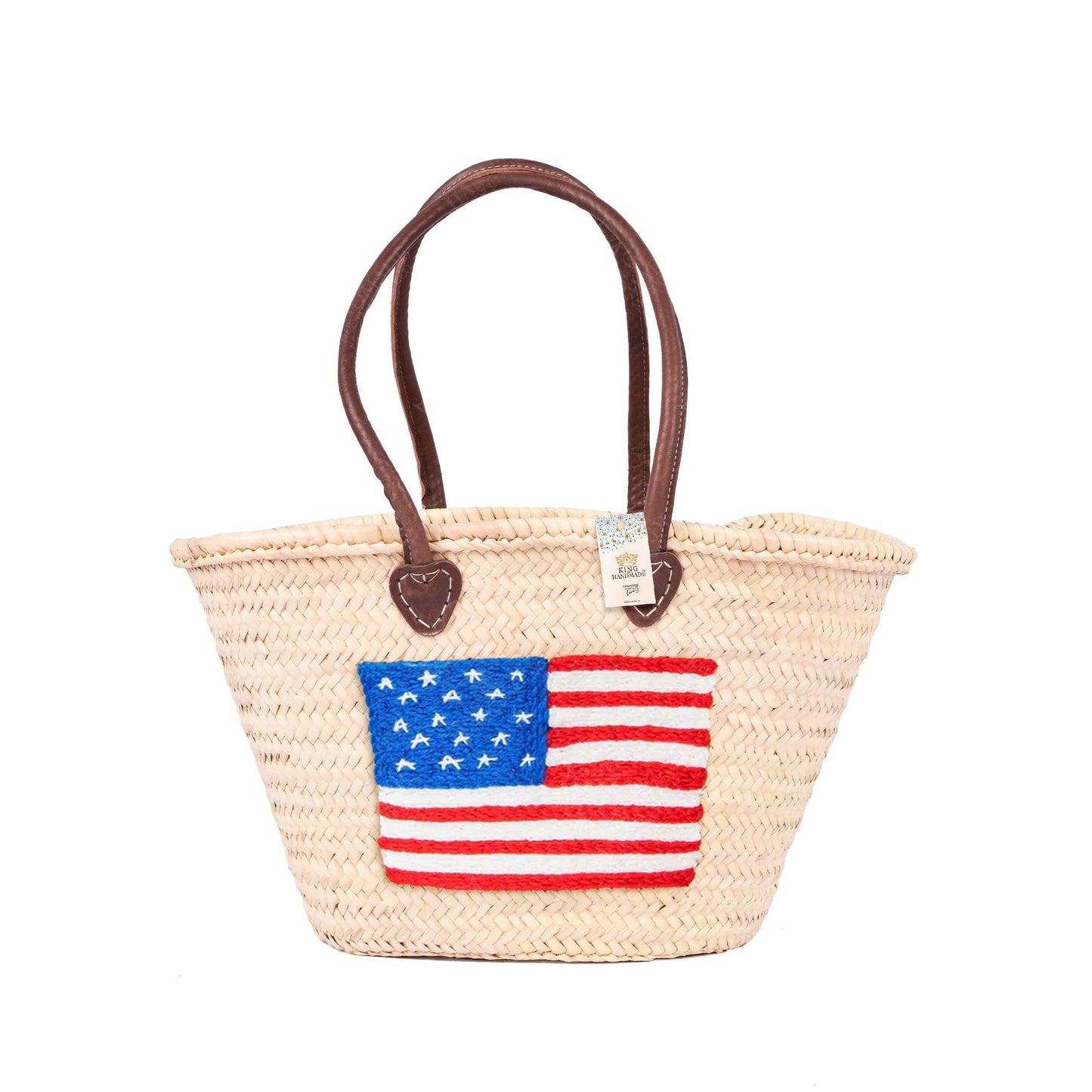 Straw Tote Bag - Large American Flag Bag with Brown Handles