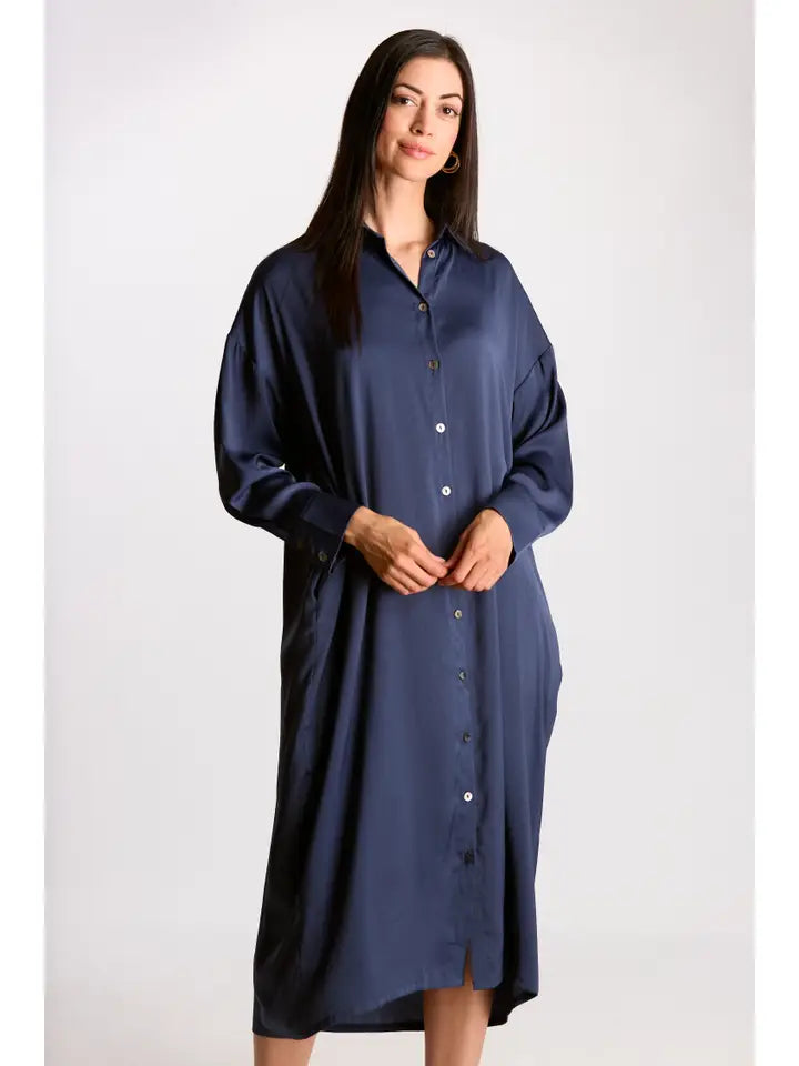 Soft Sheen Satin Oversized Button Up Shirt Dress