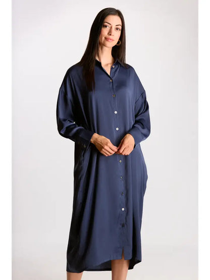 Soft Sheen Satin Oversized Button Up Shirt Dress