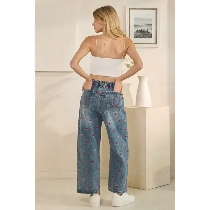 Washed Heart Embroidered Boyfriend Jeans