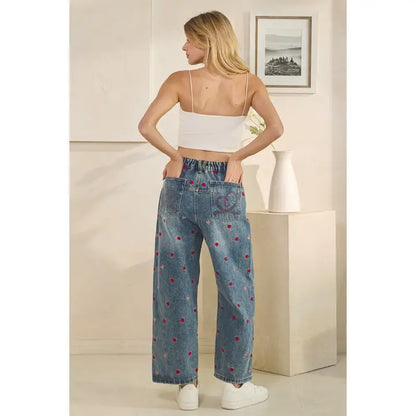 Washed Heart Embroidered Boyfriend Jeans