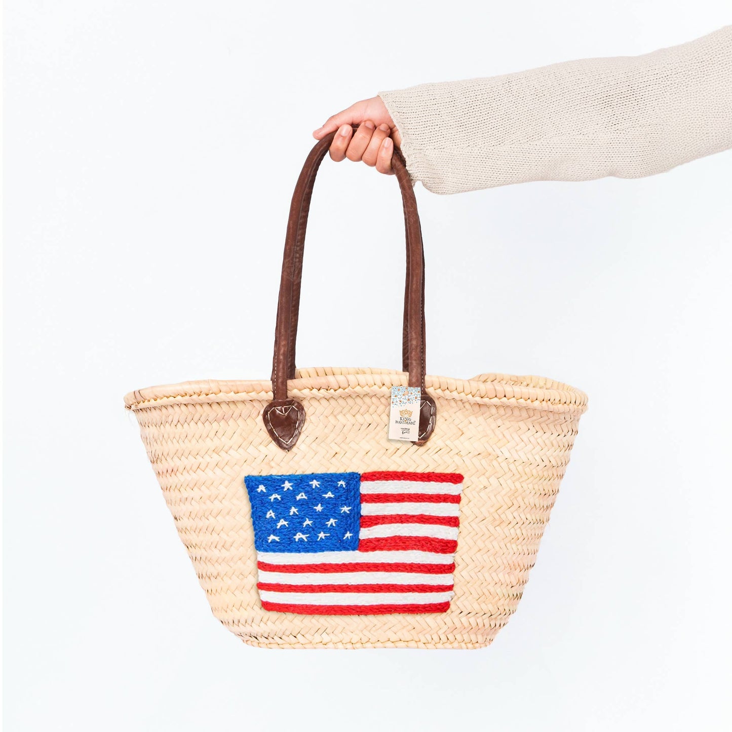 Straw Tote Bag - Large American Flag Bag with Brown Handles