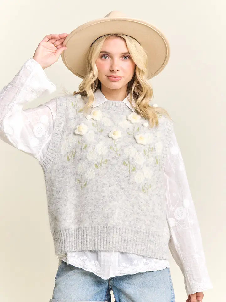 Textured Knit Floral Sweater Vest