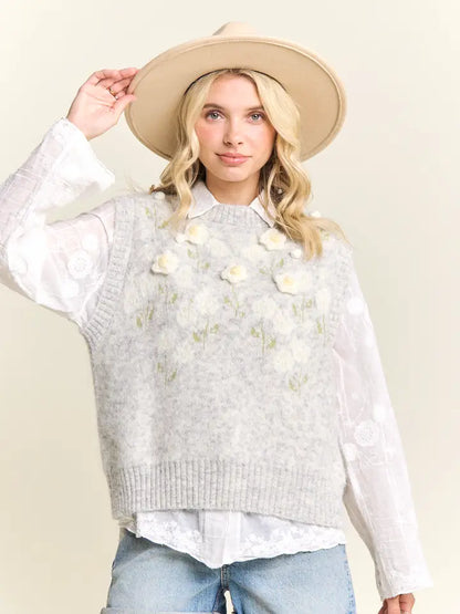 Textured Knit Floral Sweater Vest