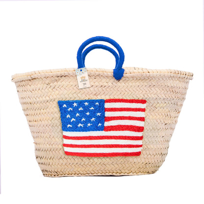 Embroidered US Flag Straw Tote - Small Handle American Bag