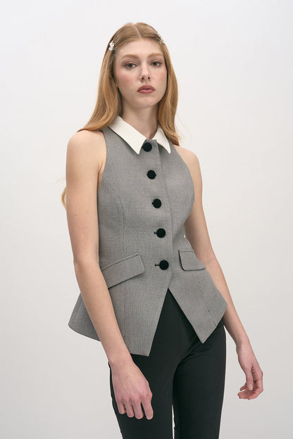 Mini Houndstooth Halter Button Down Vest