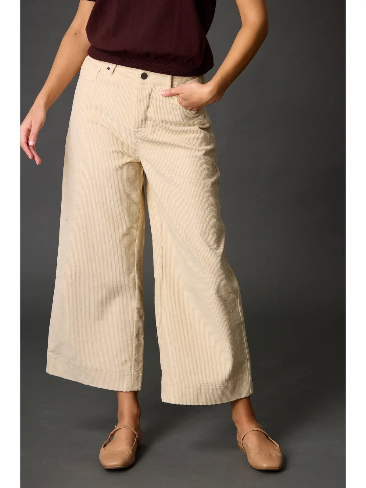 Cream Corduroy Ankle Wide Leg Pants