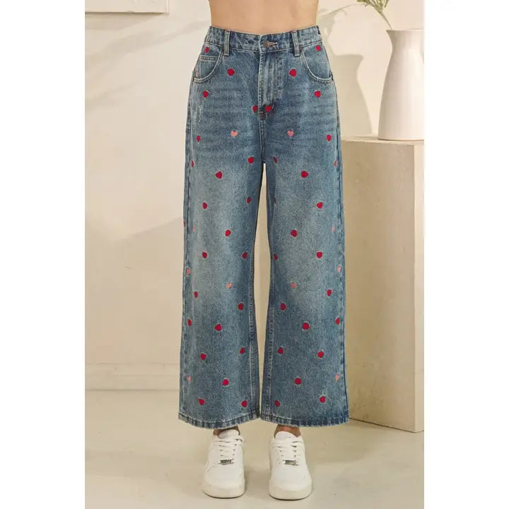 Washed Heart Embroidered Boyfriend Jeans