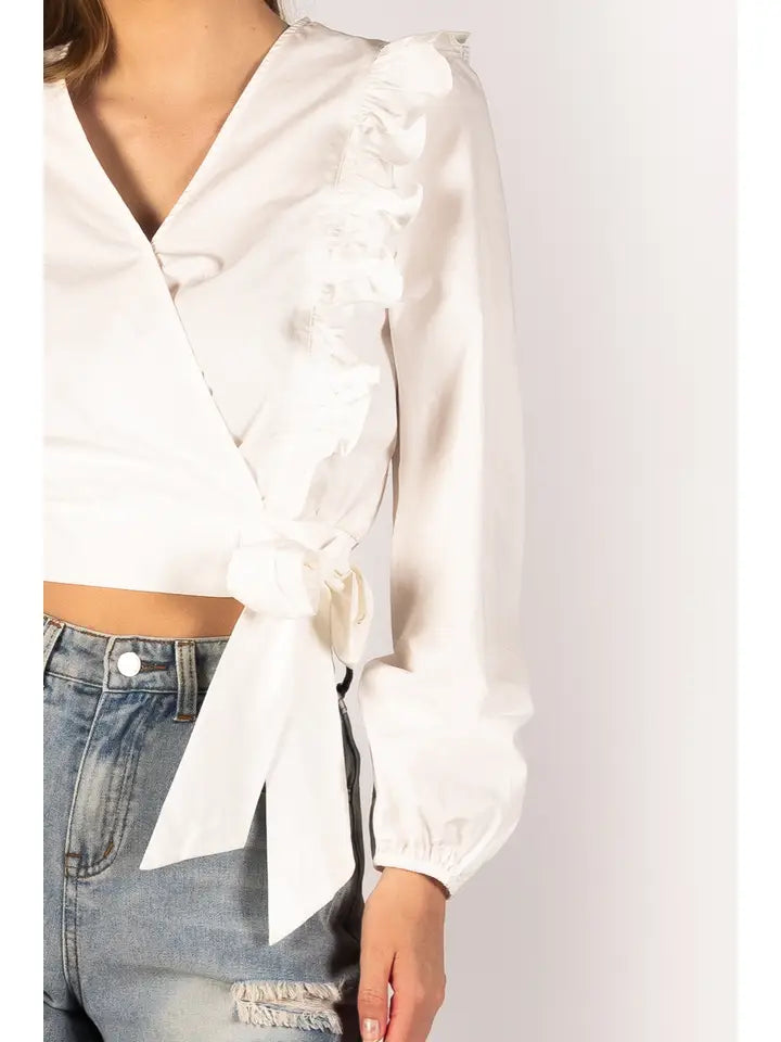 Poplin Ruffle and Front Tie Detail Long Sleeve Top