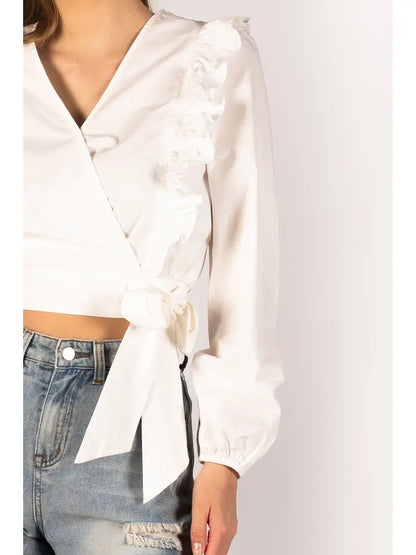 Poplin Ruffle and Front Tie Detail Long Sleeve Top