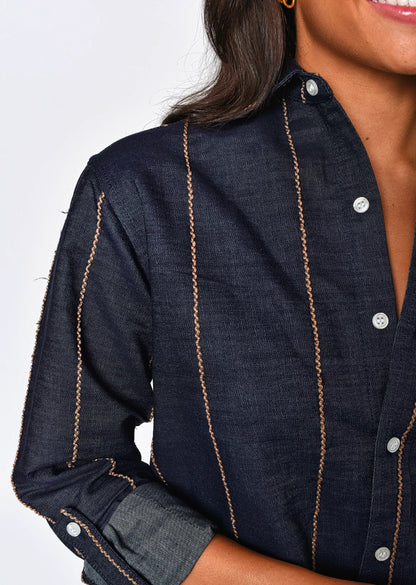 Denim And Brown Stripe Girlfriend Mini Dress