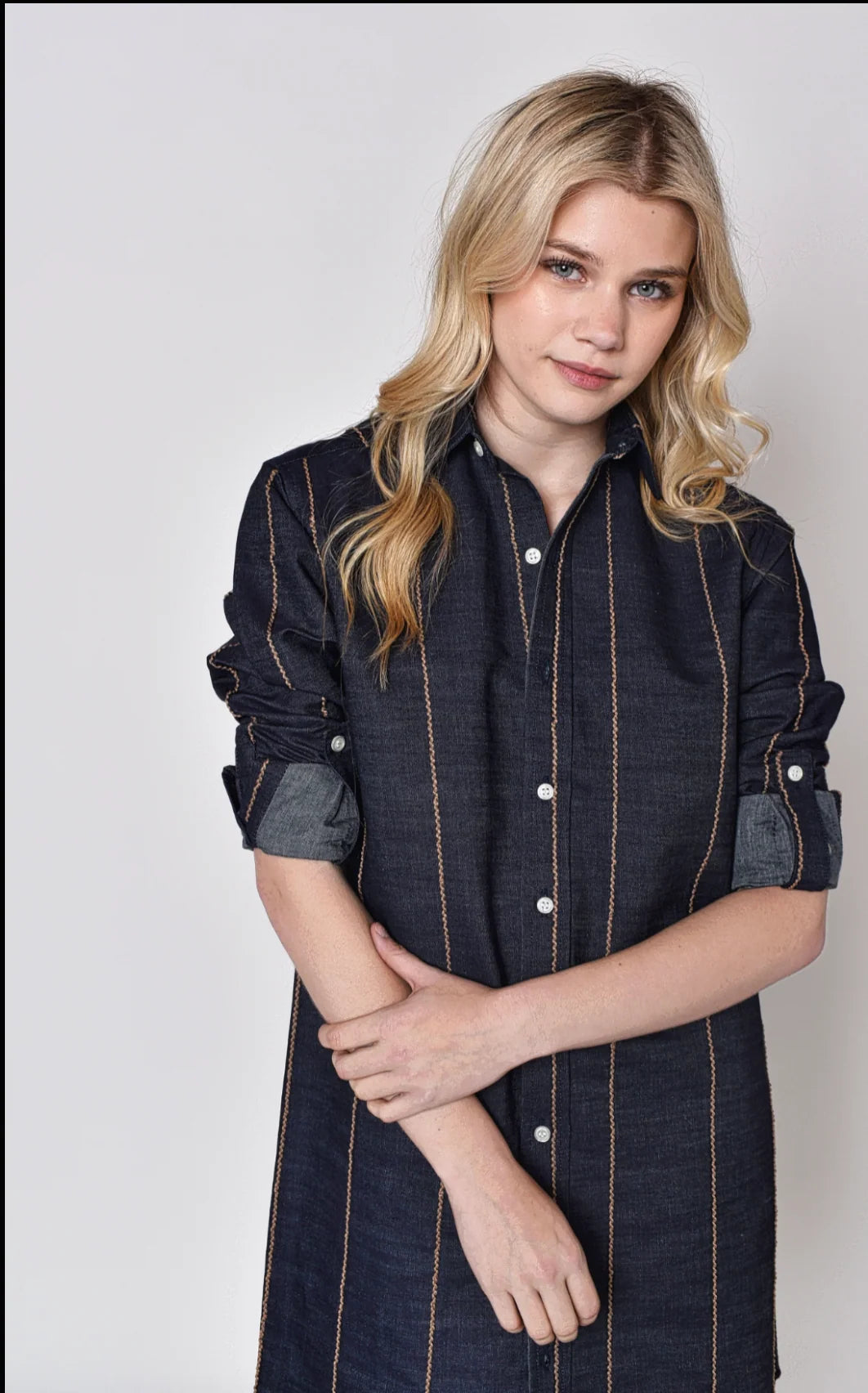 Denim And Brown Stripe Girlfriend Mini Dress