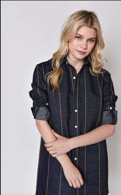 Denim And Brown Stripe Girlfriend Mini Dress