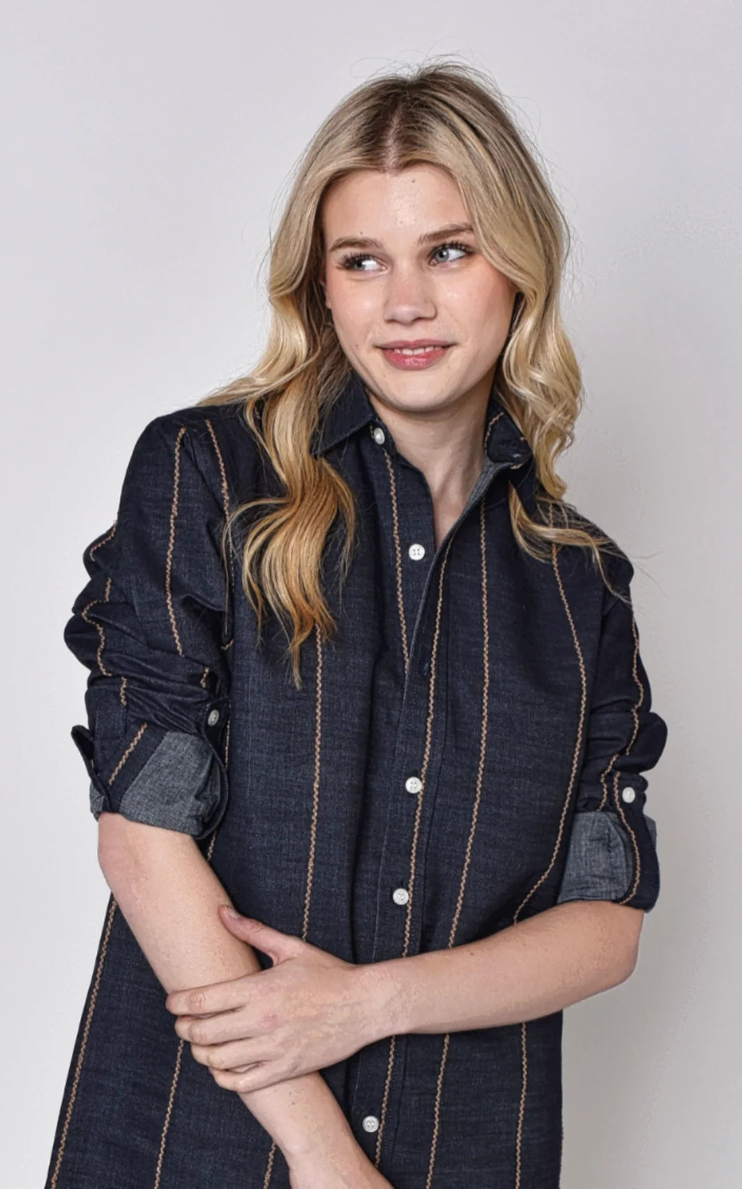Denim And Brown Stripe Girlfriend Mini Dress