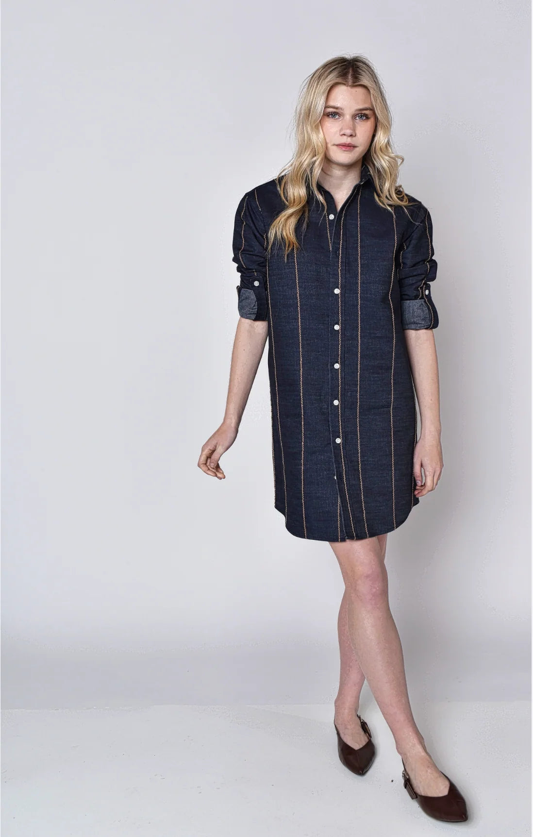 Denim And Brown Stripe Girlfriend Mini Dress