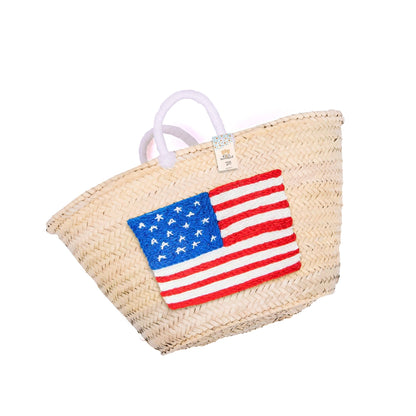 Embroidered US Flag Straw Tote - Small Handle American Bag